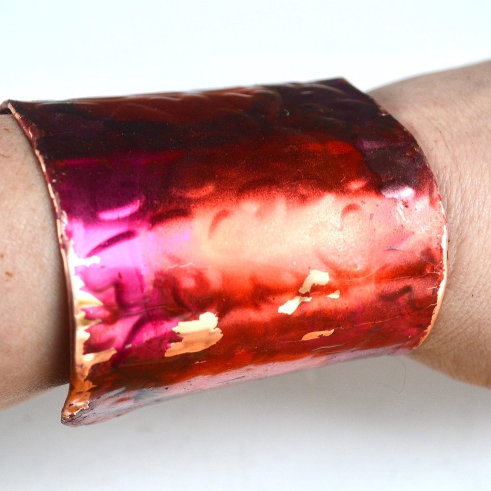 Pink Red Purple Hearts Copper Cuff Bracelet Wide Handmade Boho Gift Statement - Picture 2 of 8